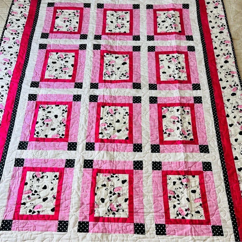 Happy Cows Handmade Quilt 46x62 Pink Black White Cotton Patchwork 🐮💗